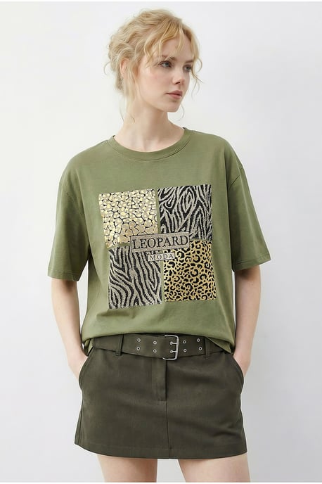 Leopardenmuster Pailletten Rundhals T-Shirt - Image 1