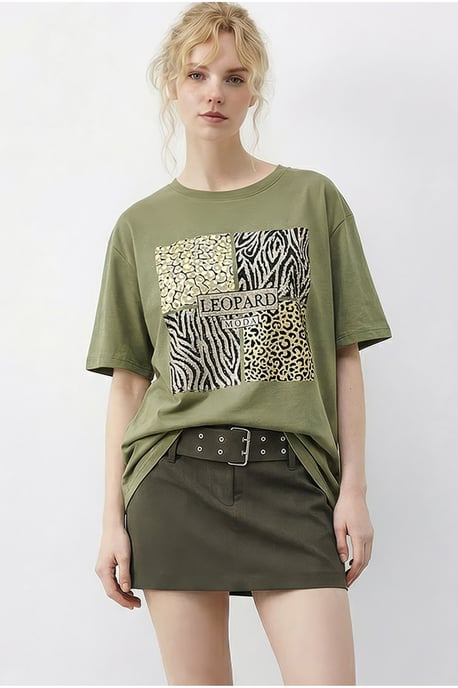 Leopardenmuster Pailletten Rundhals T-Shirt - Image 2