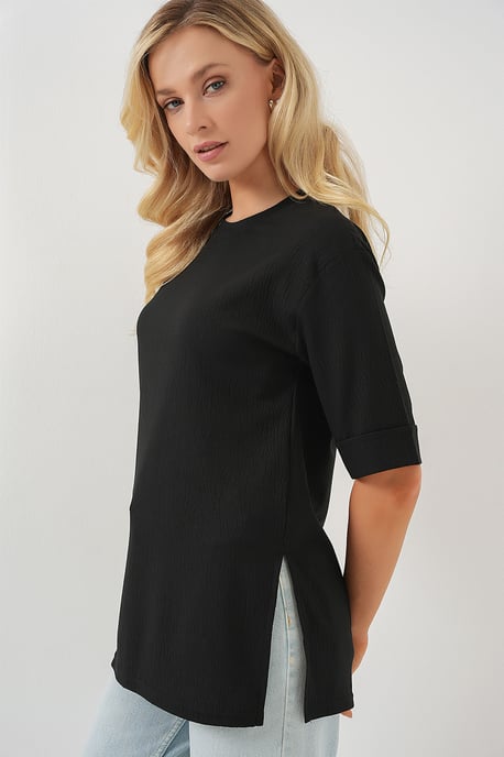 Strukturiertes Rundhals-T-Shirt mit kurzen Ärmeln - Image 3