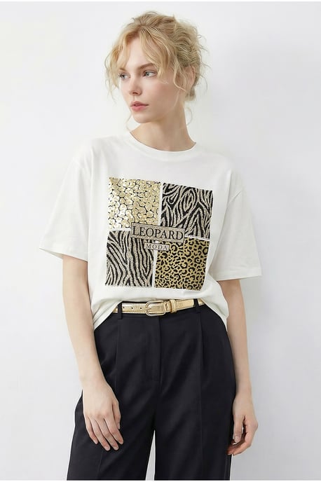 Leopardenmuster Paillettenshirt mit Rundhalsausschnitt - Image 2