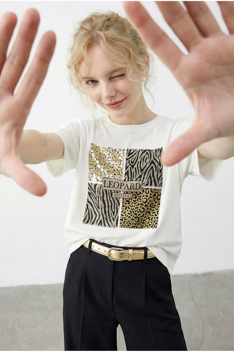 Leopardenmuster Paillettenshirt mit Rundhalsausschnitt - Image 3
