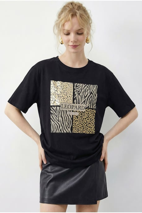 Leoprint Pailletten Rundhals T-Shirt - Image 3