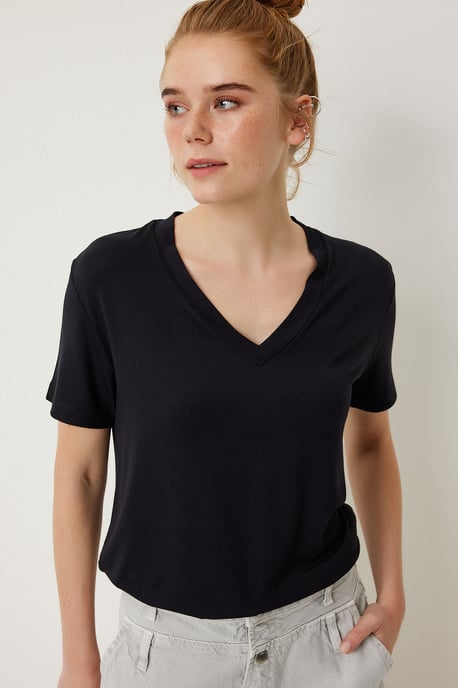 V-Ausschnitt Kurzarm Einfarbig T-Shirt - Image 1