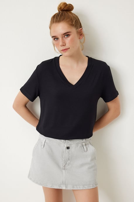 V-Ausschnitt Kurzarm Einfarbig T-Shirt - Image 2