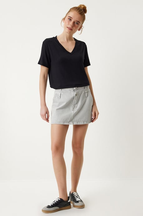 V-Ausschnitt Kurzarm Einfarbig T-Shirt - Image 3