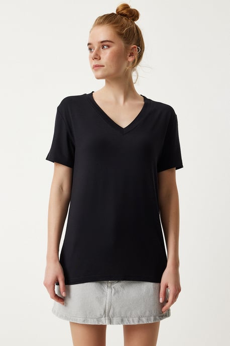 V-Ausschnitt Kurzarm Einfarbig T-Shirt - Image 4