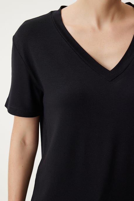 V-Ausschnitt Kurzarm Einfarbig T-Shirt - Image 5