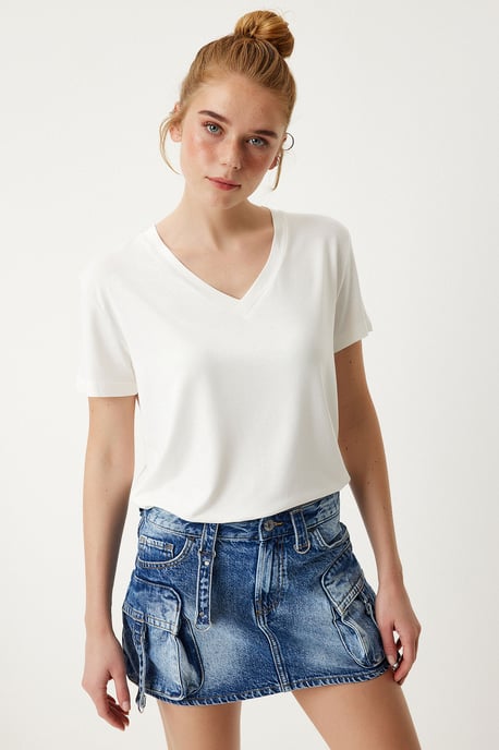 V-Ausschnitt Kurzarm Unifarben T-Shirt - Image 1