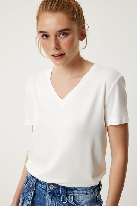 V-Ausschnitt Kurzarm Unifarben T-Shirt - Image 2
