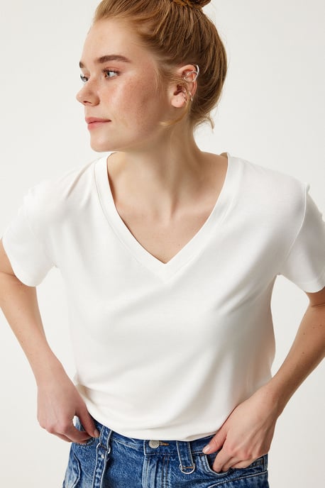 V-Ausschnitt Kurzarm Unifarben T-Shirt - Image 3