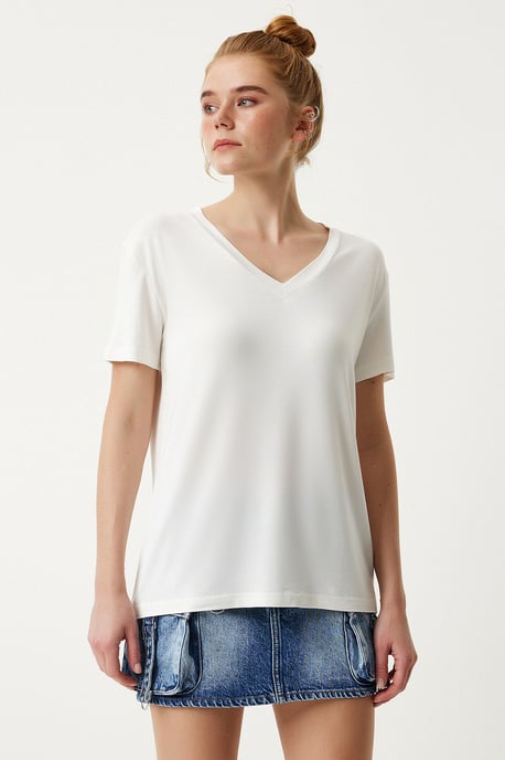 V-Ausschnitt Kurzarm Unifarben T-Shirt - Image 5
