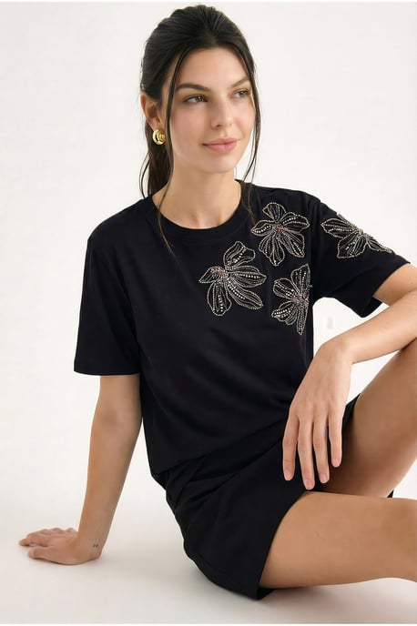 Blumenbesticktes Rundhals-T-Shirt - Image 2