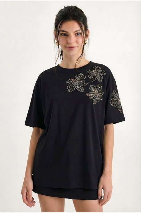 Blumenbesticktes Rundhals-T-Shirt - Image 3