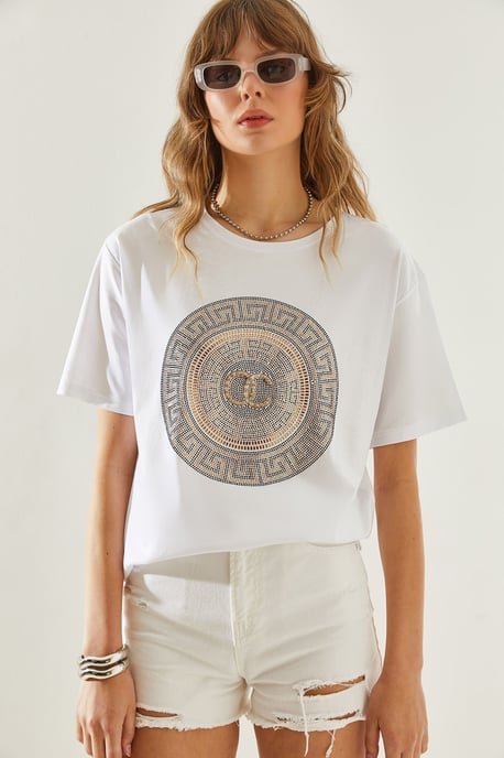 Gesticktes Bedrucktes Rundhals-T-Shirt - Image 1