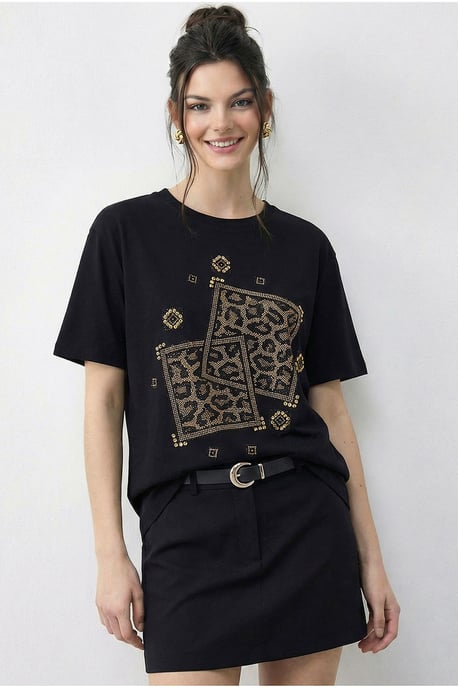 Crew Neck Geometrisches Paillettendruck T-Shirt - Image 2
