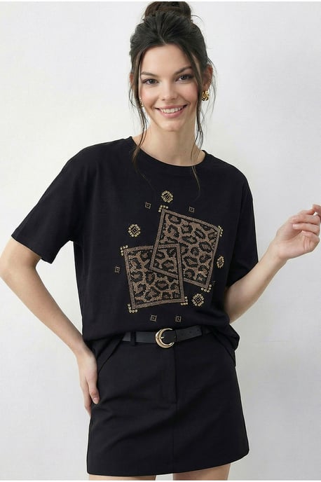 Crew Neck Geometrisches Paillettendruck T-Shirt - Image 3