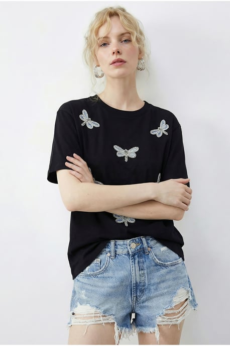 Besticktes Rundhals T-Shirt in lockerer Passform - Image 2