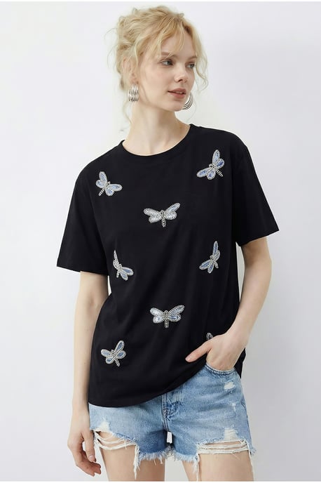 Besticktes Rundhals T-Shirt in lockerer Passform - Image 3