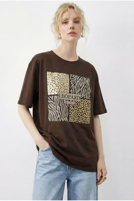 Leopardenmuster Paillettenshirt mit Rundhalsausschnitt - Image 2