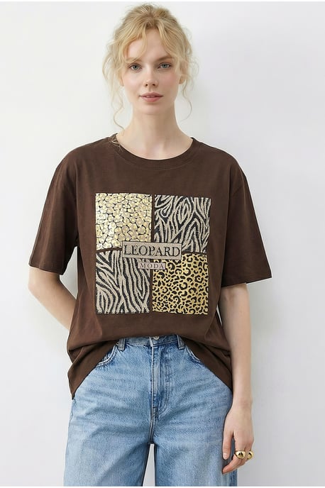 Leopardenmuster Paillettenshirt mit Rundhalsausschnitt - Image 3