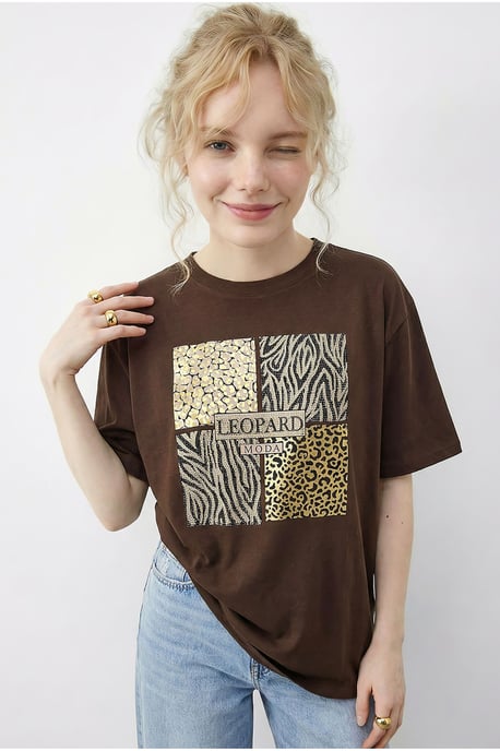 Leopardenmuster Paillettenshirt mit Rundhalsausschnitt - Image 4