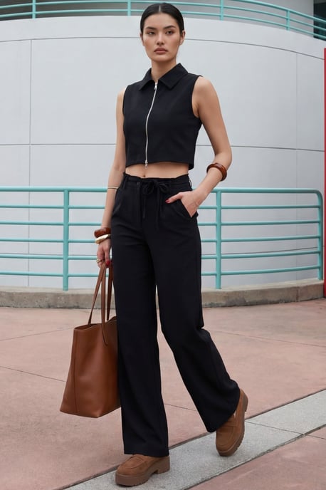 Ärmellose Reißverschluss-Weste & Weite Hose Zwei-Teile Set - Image 3