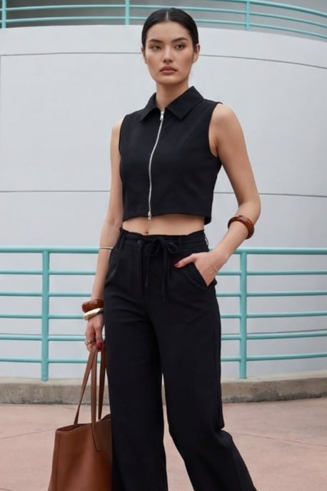 Ärmellose Reißverschluss-Weste & Weite Hose Zwei-Teile Set - Image 5