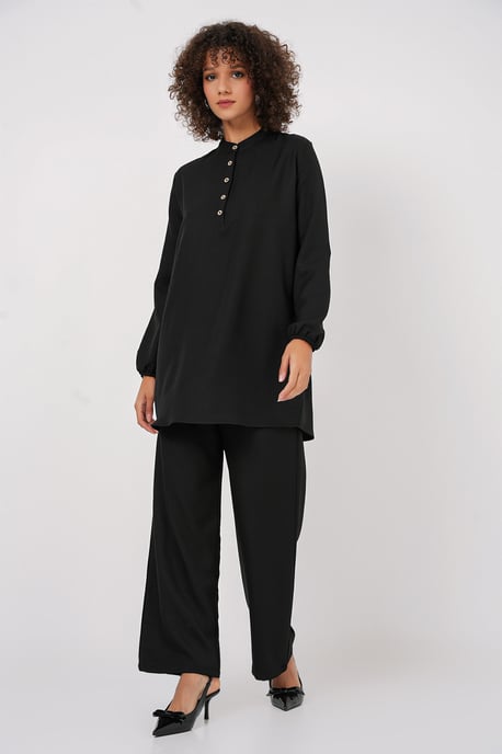 Strukturierter Leinenmischung Langarm-Tunika und Weite Hosen Set - Image 1