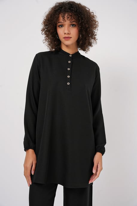 Strukturierter Leinenmischung Langarm-Tunika und Weite Hosen Set - Image 2