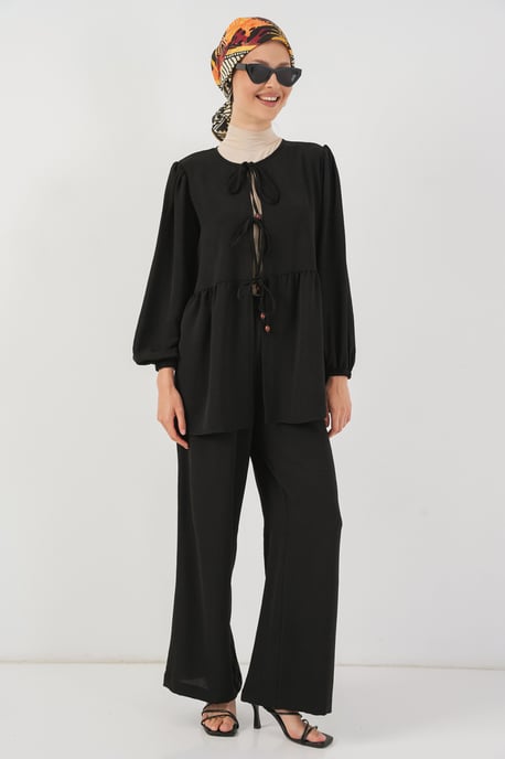 Crew-Neck Lange Tunika und Weitbeinige Hose Set - Image 3