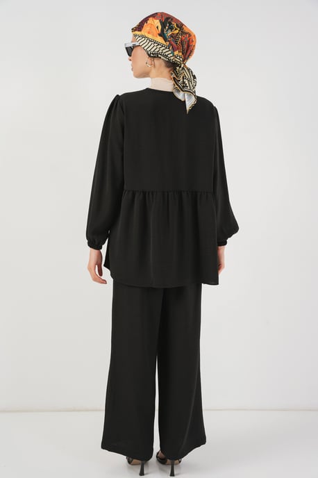 Crew-Neck Lange Tunika und Weitbeinige Hose Set - Image 6