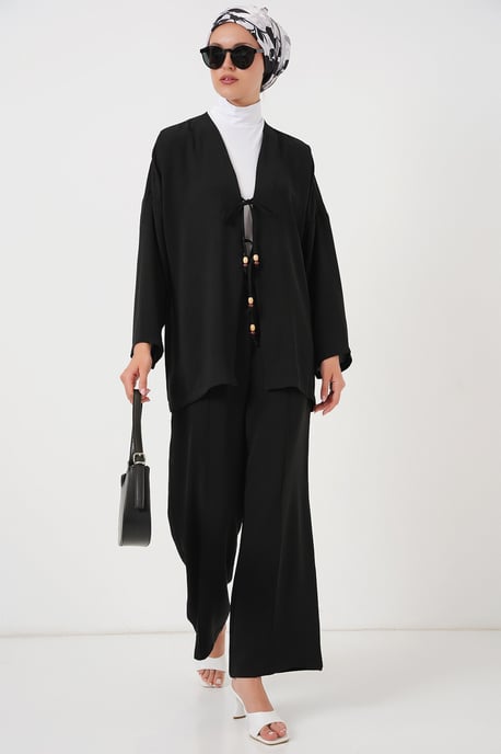 Strukturiertes V-Ausschnitt Langarm-Cardigan- und Hosen-Set - Image 4