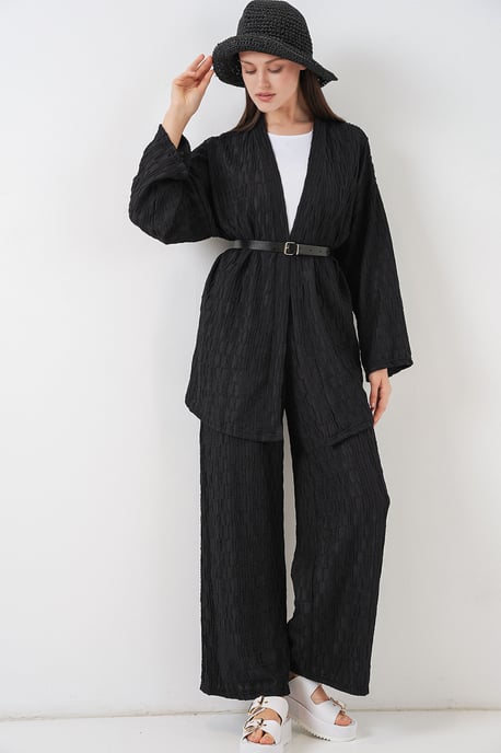 Strukturiertes Kimono-Hosen-Set mit Schalkragen - Image 1