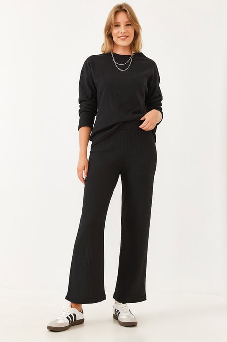 Rippenstruktur Crew-Neck Pullover und Hose Set - Image 1