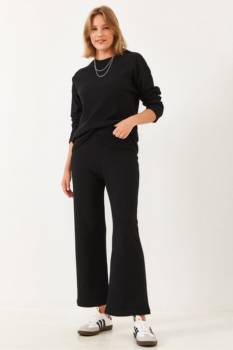 Rippenstruktur Crew-Neck Pullover und Hose Set - Image 2