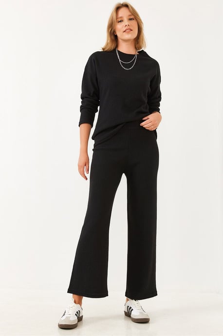 Rippenstruktur Crew-Neck Pullover und Hose Set - Image 3