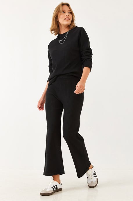 Rippenstruktur Crew-Neck Pullover und Hose Set - Image 4