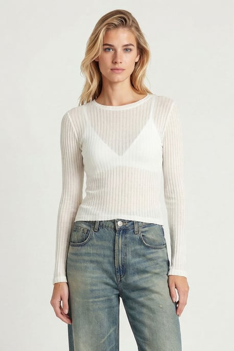 Rippstrick Crew-Neck Langarm Cropped Top - Image 2