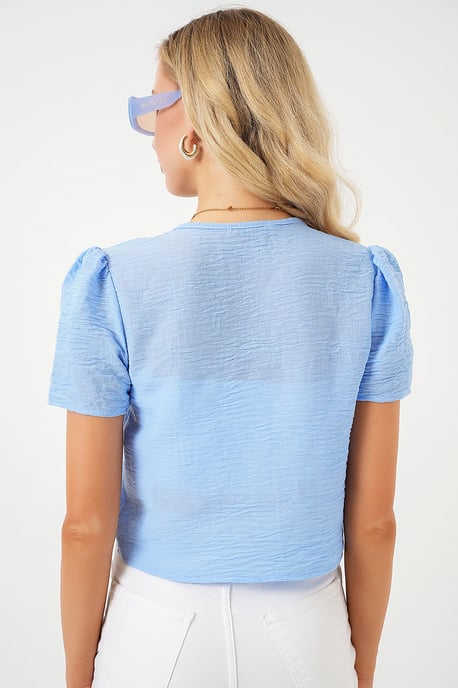 Strukturiertes V-Ausschnitt Leinen-Mix Crop Top - Image 6