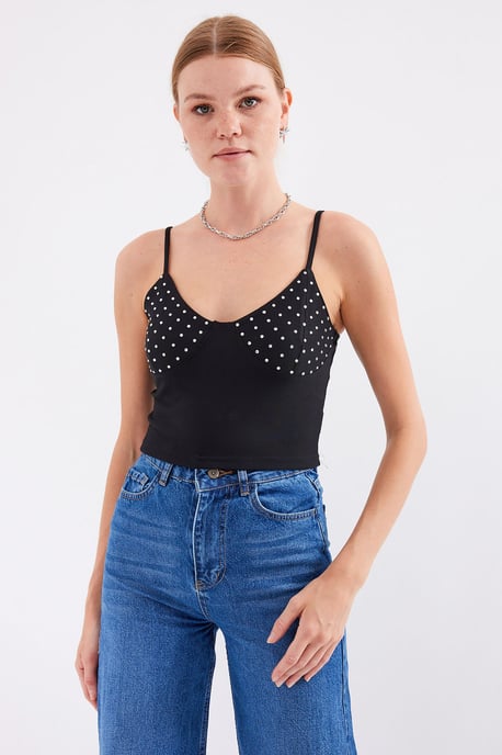 Steinverziertes Enges Crop Top mit V-Ausschnitt - Image 3