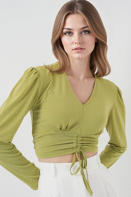 Strukturiertes V-Ausschnitt-Crop-Top mit Rüschendetail - Image 1