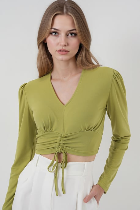 Strukturiertes V-Ausschnitt-Crop-Top mit Rüschendetail - Image 2
