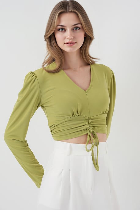 Strukturiertes V-Ausschnitt-Crop-Top mit Rüschendetail - Image 3