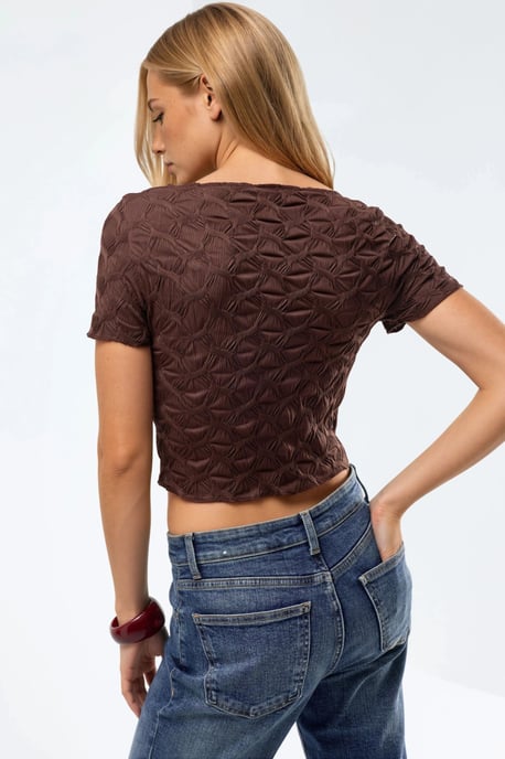 Kurzarm Texturiertes Bootsausschnitt Slim Fit Crop T-Shirt - Image 4