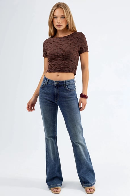 Kurzarm Texturiertes Bootsausschnitt Slim Fit Crop T-Shirt - Image 5