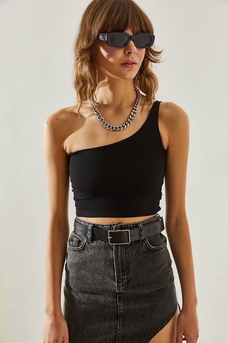 Asymmetrisches Kragen Enges Crop Top - Image 2