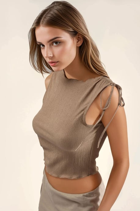 Strukturierter Bootsausschnitt-Crop-Top mit Drapierungselement - Image 2