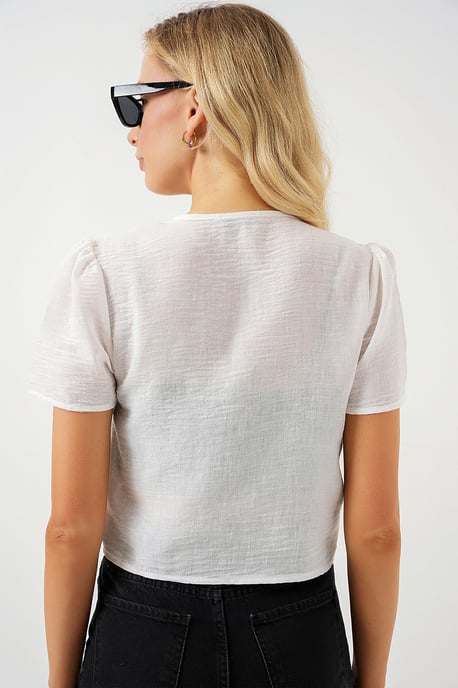 Strukturierter V-Ausschnitt Leinenmix Crop Top - Image 6