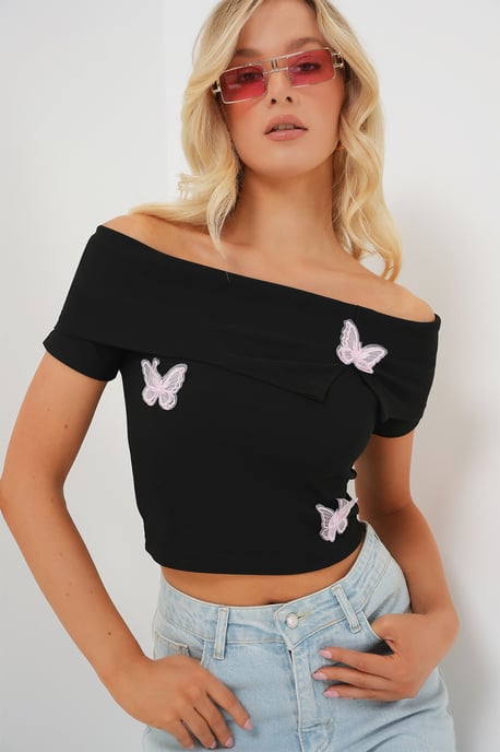 Schmetterlings-Applikation Off-Shoulder Kurzarm Cropped Top - Image 1
