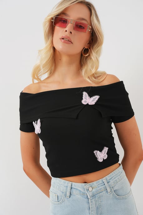 Schmetterlings-Applikation Off-Shoulder Kurzarm Cropped Top - Image 3